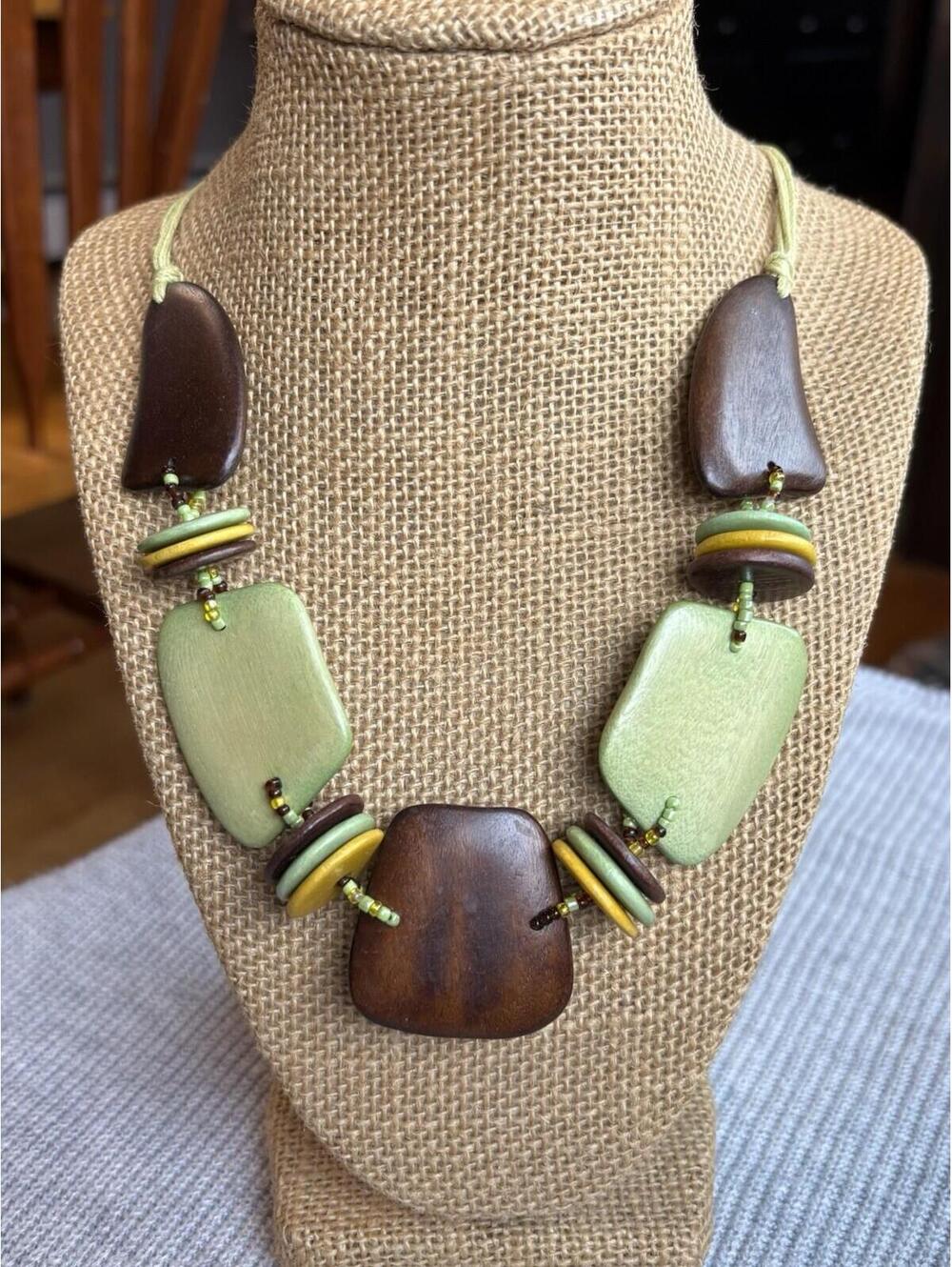Vintage Wooden Statement Necklace Green Brown Chunky Beaded Boho